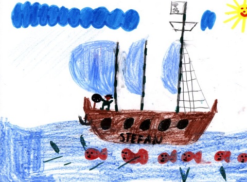 Rysunek  pt. "Piracki statek STEFAN" autor: Albert Pokornowski - lat 8