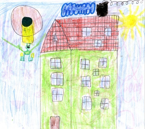 Rysunek  pt. "Dom i UFO" autor: Albert Pokornowski - lat 8